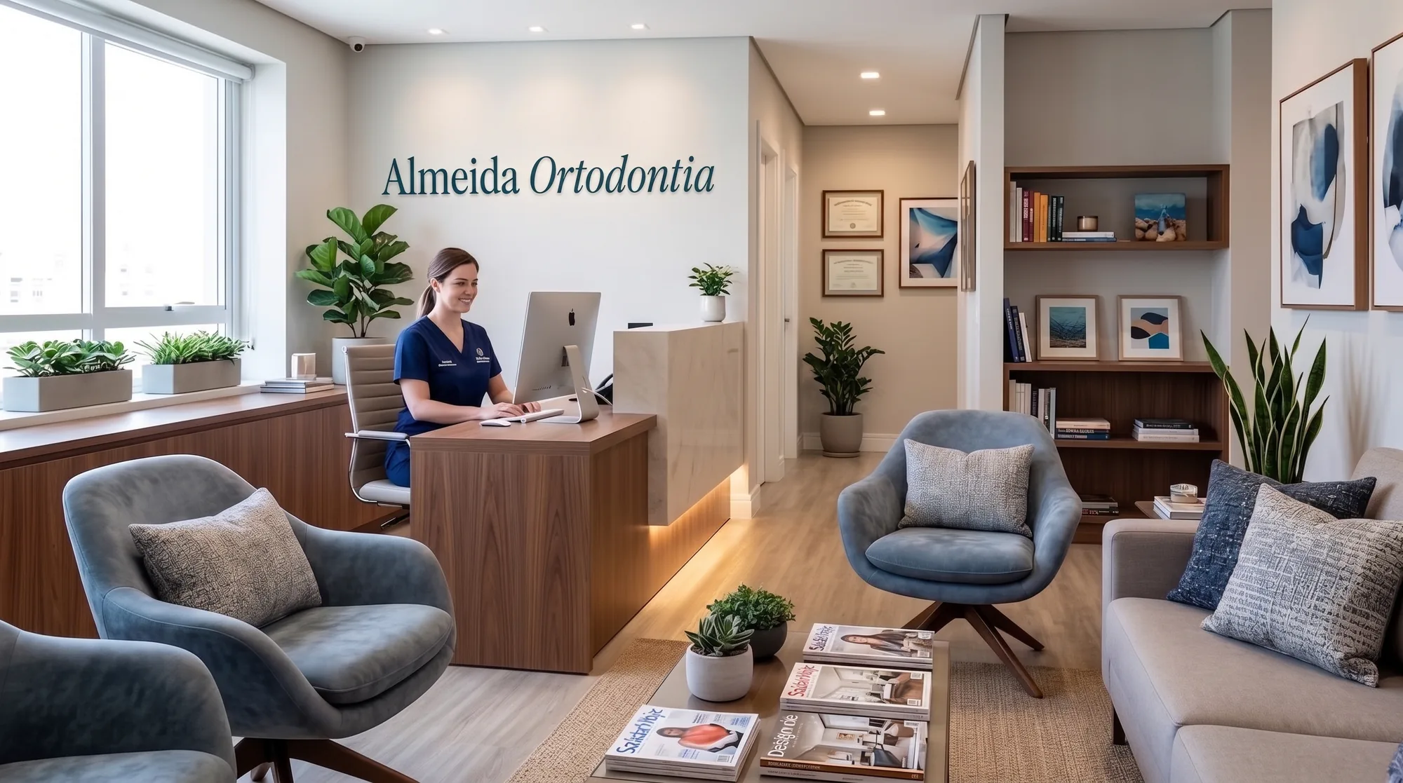 Recepção da clínica, com sofás, poltronas e a marca Almeida Ortodontia na parede