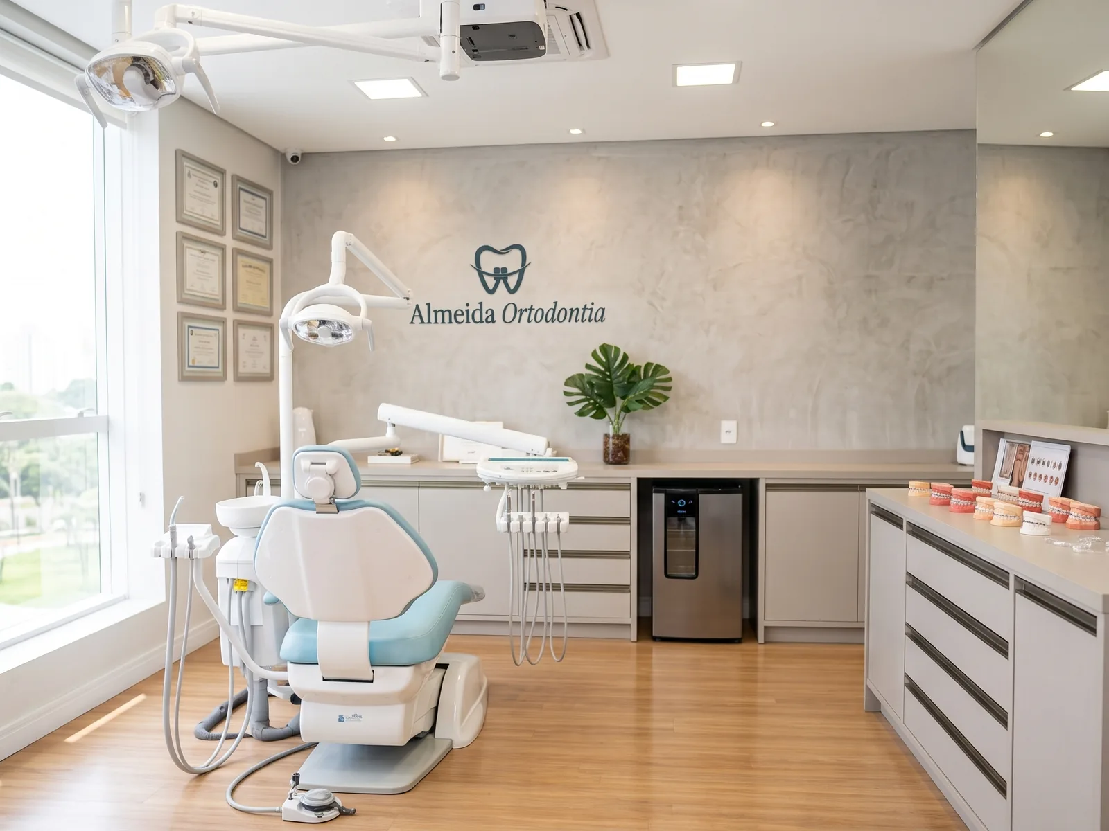Sala de atendimento com cadeira odontológica e luz natural